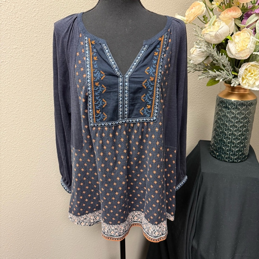 Vintage America Blues Navy Boho Embroidered Print Tunic Top XL Fall Casual - Picture 1 of 7
